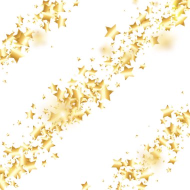 Beyaz arka planda altın yıldız konfetisi. Uçan parlak parçacıklar. Tatil vektörü renkli konfeti. Parlak dekorasyon arka planı. Sürpriz kart şablonu