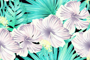 Cyan egzotik deseni. Canavar ve amber çiçekleri tropik buket. Doymuş büyük çiçekli mayo izi. Yatay Kaliforniya doğal doku tasarımı. Aşırı doğal botanik tasarımı.