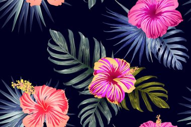 Yeşil kırmızı egzotik desen. Canavar yaprakları ve amber çiçekleri yaz baskısı. Hawaii tişörtü ve mayo fayansı. Yatay romantik vahşi vektör egzotik fayans. Güzel bahar botanik tasarımı.