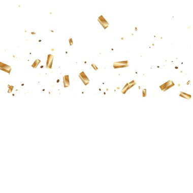  Altın konfetileri, kurdeleler. Parıldıyor. Bokeh geçmişi. Soyut altın yıldönümü davetiye şablonu. Düğün konsepti kartı. Uçan soyut parçacıklar. Patlama kutlama kartı.