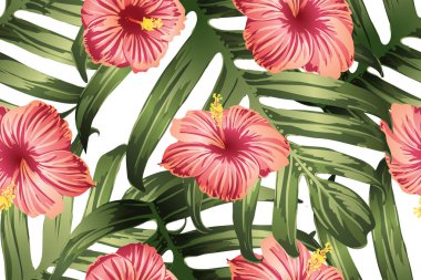 Yeşil kırmızı egzotik desen. Canavar yaprakları ve amber çiçekleri yaz baskısı. Doymuş büyük çiçekli mayo izi. Yatay Kaliforniya doğal doku tasarımı. Güzel bahar botanik tasarımı.