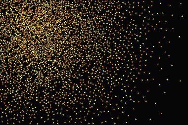 Siyah Arkaplanda Altın Konfeti. İzole edilmiş Altın Toz Parçacıkları. Soyut Iridescent doğum günü kartı. Vector Round Bokeh. Rastgele Gelin Arkaplanı. Folyo Sınırı. Geometrik Yıldönümü Arkaplanı.