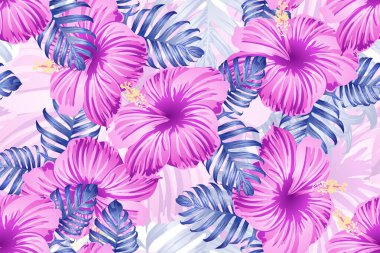 Tropikal desen. Kırmızı pembe egzotik yaz çiçeği vektör arkaplanı. Güzellik fasyonu canavarı, palmiye yaprakları ve amber çiçekleri. Hawaii tropik ormanı sonsuz iz. Doğal mayo tasarımı.