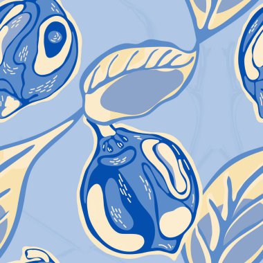 Modern El Çizimi Arkaplanı. Limonsuz desen. Vector Summer Citrus Yazdırma. Klasik Mavi ve Indigo Basit İşaretli Kireç. Botanik Çizimi. Psikedelik Citron Motifi.