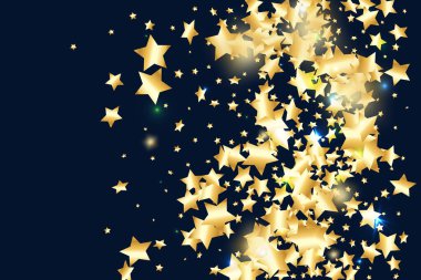 Siyah arka planda altın yıldız konfetisi. Minimalist düşmüş parçacık. Soyut vektör renkli konfeti. Parlak dekorasyon arka planı. Sürpriz kart şablonu