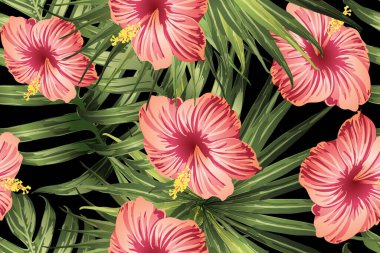 Yeşil kırmızı egzotik desen. Canavar ve amber çiçekleri tropik buket. Hawaii tişörtü ve mayo fayansı. Yatay romantik vahşi vektör egzotik fayans. Aşırı doğal botanik tasarımı.