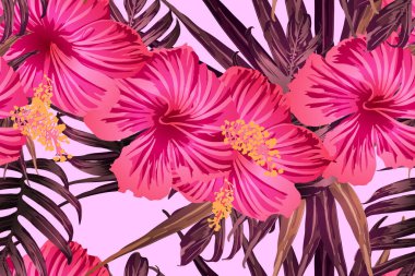 Pembe kırmızı egzotik desen. Canavar ve amber çiçekleri tropik buket. Doymuş büyük çiçekli mayo izi. Yatay Kaliforniya doğal doku tasarımı. Aşırı doğal botanik tasarımı.