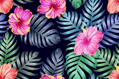 Yeşil kırmızı egzotik desen. Canavar yaprakları ve amber çiçekleri yaz baskısı. Hawaii tişörtü ve mayo fayansı. Yatay Kaliforniya doğal doku tasarımı. Aşırı doğal botanik tasarımı.