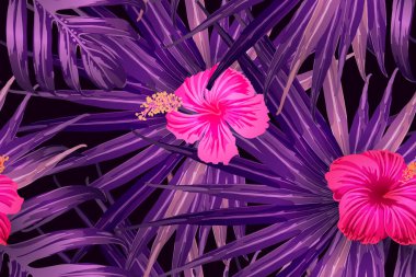 Pembe kırmızı egzotik desen. Canavar ve amber çiçekleri tropik buket. Doymuş büyük çiçekli mayo izi. Yatay romantik vahşi vektör egzotik fayans. Aşırı doğal botanik tasarımı.