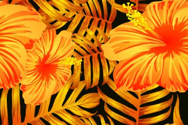 Orange yellow exotic pattern. Monstera leaves and hibiscus flowers in summer print.  Saturated large floral swimwear print. Horizontal romantic wild vector exotic tile. Bonny spring botanical design. clipart