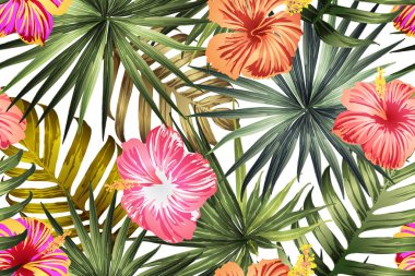 Yeşil kırmızı egzotik desen. Canavar yaprakları ve amber çiçekleri yaz baskısı. Hawaii tişörtü ve mayo fayansı. Yatay romantik vahşi vektör egzotik fayans. Aşırı doğal botanik tasarımı.