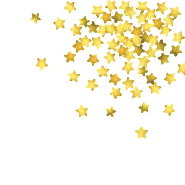 Yıldız konfetisi. Altın rengi rastgele konfeti arka planı. Parlak tasarım şablonu. Vektör beyaz ve sarı kaplama şablonu. Doğum günü veya düğün davetiyesi şablonu. Hediyeler için soyut kart. 2018 Yeni Yıl Selamlaması