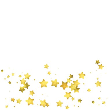 Yıldız konfetisi. Altın rengi rastgele konfeti arka planı. Parlak tasarım şablonu. Vektör beyaz ve sarı kaplama şablonu. Doğum günü veya düğün davetiyesi şablonu. Hediyeler için soyut kart. 2018 Yeni Yıl Selamlaması