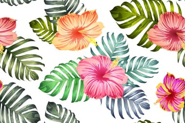 Yeşil kırmızı egzotik desen. Canavar yaprakları ve amber çiçekleri yaz baskısı. Doymuş büyük çiçekli mayo izi. Yatay Kaliforniya doğal doku tasarımı. Güzel bahar botanik tasarımı.