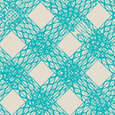 Teal ve Bej Vektör kusursuz şablon. Dönüşüm düzeni. Ink grunge ızgarası. Elle çizilmiş kusursuz kontrol kalıbı. Etnik ekoseli grafiksel arka plan. Kusursuz şablon arkaplanı.