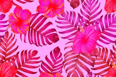 Pembe kırmızı egzotik desen. Canavar yaprakları ve amber çiçekleri yaz baskısı. Doymuş büyük çiçekli mayo izi. Yatay Kaliforniya doğal doku tasarımı. Aşırı doğal botanik tasarımı.