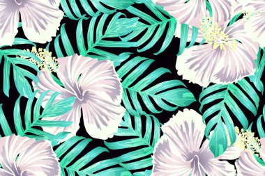 Cyan egzotik deseni. Canavar ve amber çiçekleri tropik buket. Doymuş büyük çiçekli mayo izi. Yatay romantik vahşi vektör egzotik fayans. Güzel bahar botanik tasarımı.