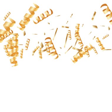  Altın konfetileri, kurdeleler. Parıldıyor. Bokeh geçmişi. Soyut altın yıldönümü davetiye şablonu. Düğün konsepti kartı. Uçan soyut parçacıklar. Patlama kutlama kartı.