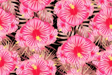 Pembe kırmızı egzotik desen. Canavar yaprakları ve amber çiçekleri yaz baskısı. Hawaii tişörtü ve mayo fayansı. Yatay Kaliforniya doğal doku tasarımı. Güzel bahar botanik tasarımı.