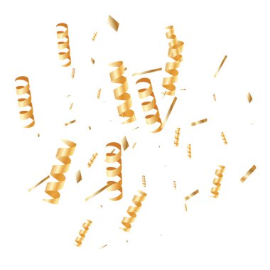  Altın konfetileri, kurdeleler. Parıldıyor. Bokeh geçmişi. Soyut altın yıldönümü davetiye şablonu. Düğün konsepti kartı. Uçan soyut parçacıklar. Patlama kutlama kartı.