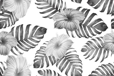 Siyah beyaz egzotik desen. Canavar ve amber çiçekleri tropik buket. Doymuş büyük çiçekli mayo izi. Yatay romantik vahşi vektör egzotik fayans. Aşırı doğal botanik tasarımı.