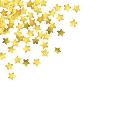 Yıldız konfetisi. Altın rengi rastgele konfeti arka planı. Parlak tasarım şablonu. Vektör beyaz ve sarı kaplama şablonu. Doğum günü veya düğün davetiyesi şablonu. Hediyeler için soyut kart. 2018 Yeni Yıl Selamlaması