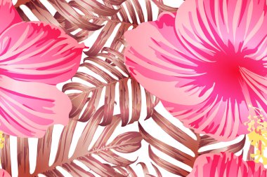 Pembe kırmızı egzotik desen. Canavar yaprakları ve amber çiçekleri yaz baskısı. Hawaii tişörtü ve mayo fayansı. Yatay Kaliforniya doğal doku tasarımı. Güzel bahar botanik tasarımı.