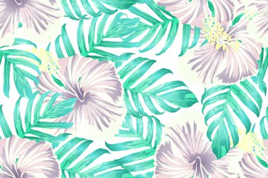 Cyan egzotik deseni. Yaz tatili baskısında canavar yaprakları ve amber çiçekleri. Doymuş büyük çiçekli mayo izi. Yatay romantik vahşi vektör egzotik fayans. Aşırı doğal botanik tasarımı.