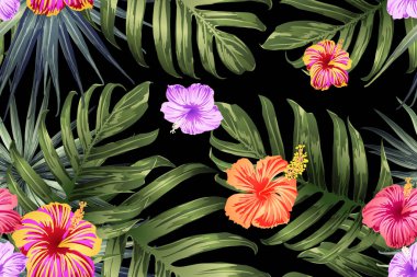 Yeşil kırmızı egzotik desen. Canavar ve amber çiçekleri tropik buket. Hawaii tişörtü ve mayo fayansı. Yatay romantik vahşi vektör egzotik fayans. Aşırı doğal botanik tasarımı.