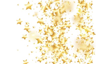 Beyaz arka planda altın yıldız konfetisi. Parlak, parlak bir duş. Soyut vektör renkli konfeti. Parlak dekorasyon arka planı. Sürpriz kart şablonu