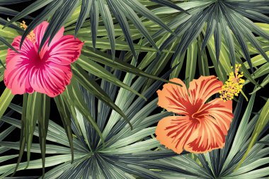 Yeşil kırmızı egzotik desen. Canavar ve amber çiçekleri tropik buket. Doymuş büyük çiçekli mayo izi. Yatay romantik vahşi vektör egzotik fayans. Aşırı doğal botanik tasarımı.