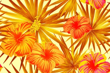 Turuncu sarı egzotik desen. Canavar yaprakları ve amber çiçekleri yaz baskısı. Doymuş büyük çiçekli mayo izi. Yatay romantik vahşi vektör egzotik fayans. Aşırı doğal botanik tasarımı.