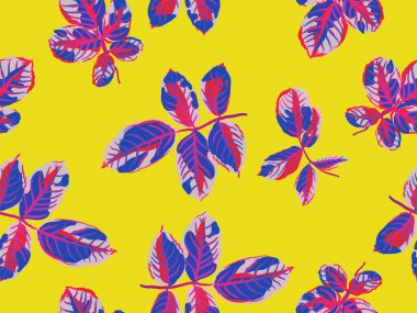 Yaz Tekstil Tasarımı. Safran Sarı ve Kırmızı Romantik Botanik Vektör Geçmişi. Tekrarlanan Bahar Şakayığı Duvar Kağıdı. Boyalı İngiliz Yaprak Örnekleri Koleksiyonu. Gül Yapraksız Kalıp.