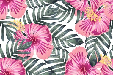 Yeşil kırmızı egzotik desen. Canavar ve amber çiçekleri tropik buket. Hawaii tişörtü ve mayo fayansı. Yatay romantik vahşi vektör egzotik fayans. Aşırı doğal botanik tasarımı.