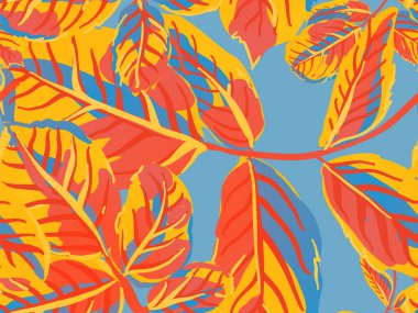 Safran sarısı ve kırmızı tekrarlanan bahar şakayık duvar kağıdı. Rose Leaves Leamless Destern 'de. Yaz Tekstil Tasarımı. Romantik Botanik Vektör Geçmişi. Boyalı İngiliz Yaprak Örnekleri Koleksiyonu.