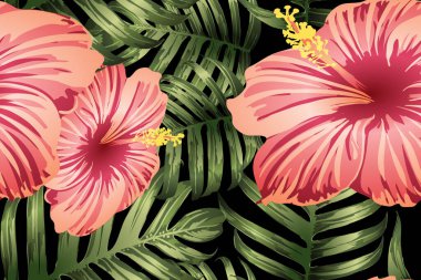 Yeşil kırmızı egzotik desen. Canavar yaprakları ve amber çiçekleri yaz baskısı. Doymuş büyük çiçekli mayo izi. Yatay romantik vahşi vektör egzotik fayans. Aşırı doğal botanik tasarımı.