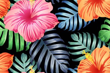 Yeşil kırmızı egzotik desen. Canavar ve amber çiçekleri tropik buket. Doymuş büyük çiçekli mayo izi. Yatay romantik vahşi vektör egzotik fayans. Güzel bahar botanik tasarımı.