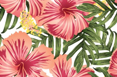 Yeşil kırmızı egzotik desen. Canavar yaprakları ve amber çiçekleri yaz baskısı. Doymuş büyük çiçekli mayo izi. Yatay romantik vahşi vektör egzotik fayans. Aşırı doğal botanik tasarımı.