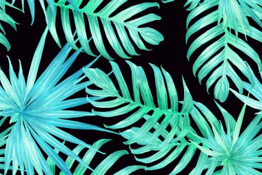 Cyan egzotik deseni. Canavar ve amber çiçekleri tropik buket. Hawaii tişörtü ve mayo fayansı. Yatay romantik vahşi vektör egzotik fayans. Aşırı doğal botanik tasarımı.