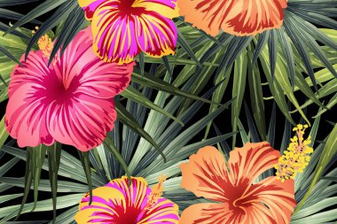 Yeşil kırmızı egzotik desen. Canavar ve amber çiçekleri tropik buket. Hawaii tişörtü ve mayo fayansı. Yatay romantik vahşi vektör egzotik fayans. Güzel bahar botanik tasarımı.