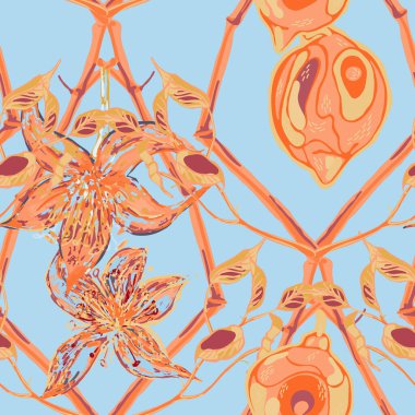 Basit İşaretli Kireç. Gök mavisi ve altın limonlu, pürüzsüz desen. Vector Summer Citrus Yazdırma. Modern El Çizimi Arkaplanı. Botanik Çizimi. Psikedelik Citron Motifi.