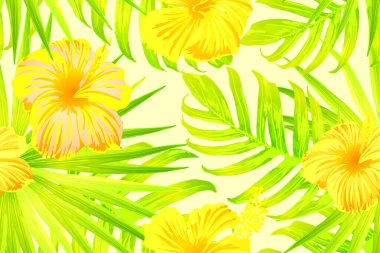 Sarı egzotik desen. Canavar yaprakları ve amber çiçekleri yaz baskısı. Doymuş büyük çiçekli mayo izi. Yatay Kaliforniya doğal doku tasarımı. Güzel bahar botanik tasarımı.