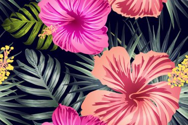 Yeşil kırmızı egzotik desen. Canavar ve amber çiçekleri tropik buket. Hawaii tişörtü ve mayo fayansı. Yatay romantik vahşi vektör egzotik fayans. Güzel bahar botanik tasarımı.