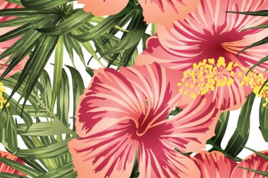 Yeşil kırmızı egzotik desen. Canavar ve amber çiçekleri tropik buket. Doymuş büyük çiçekli mayo izi. Yatay romantik vahşi vektör egzotik fayans. Aşırı doğal botanik tasarımı.