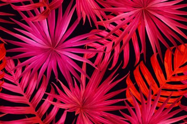 Pembe kırmızı egzotik desen. Canavar yaprakları ve amber çiçekleri yaz baskısı. Doymuş büyük çiçekli mayo izi. Yatay romantik vahşi vektör egzotik fayans. Güzel bahar botanik tasarımı.