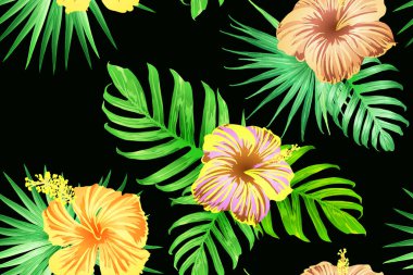 Yeşil kırmızı egzotik desen. Canavar ve amber çiçekleri tropik buket. Doymuş büyük çiçekli mayo izi. Yatay Kaliforniya doğal doku tasarımı. Güzel bahar botanik tasarımı.