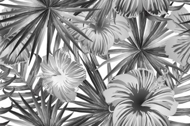 Siyah beyaz egzotik desen. Canavar ve amber çiçekleri tropik buket. Doymuş büyük çiçekli mayo izi. Yatay romantik vahşi vektör egzotik fayans. Güzel bahar botanik tasarımı.