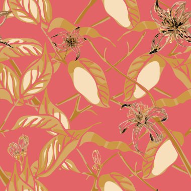 Limonsuz desen. Botanik Çizimi. Psikedelik Citron Motifi. Basit İşaretli Kireç. Vector Summer Citrus Yazdırma. Modern El Çizimi Arkaplanı. Marigold Sarı ve Kırmızı