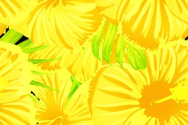 Sarı egzotik desen. Canavar ve amber çiçekleri tropik buket. Doymuş büyük çiçekli mayo izi. Yatay romantik vahşi vektör egzotik fayans. Güzel bahar botanik tasarımı.