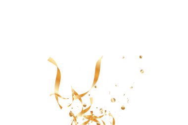  Altın konfetileri, kurdeleler. Parıldıyor. Bokeh geçmişi. Soyut altın yıldönümü davetiye şablonu. Düğün konsepti kartı. Uçan soyut parçacıklar. Patlama kutlama kartı.